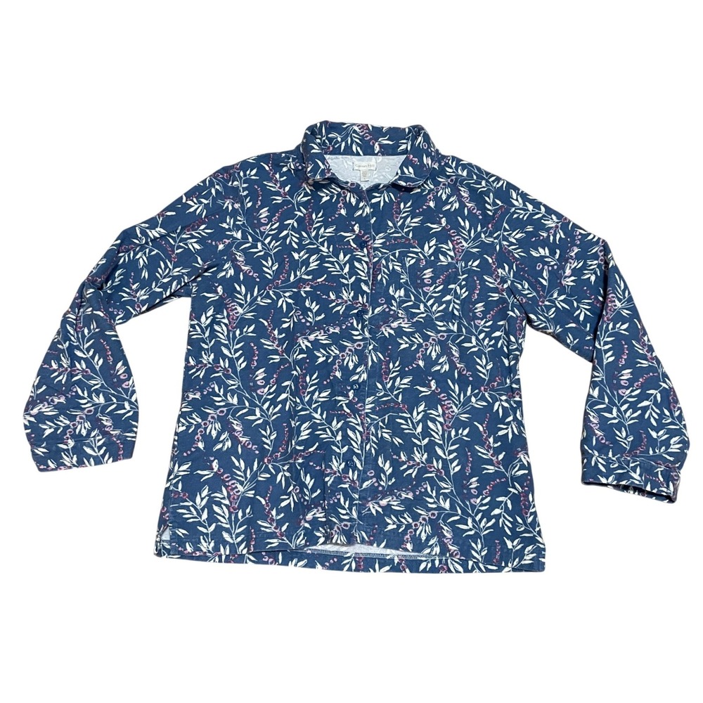 Garnet Hill Blue Floral Organic Cotton Flannel Pajama Top L Long Sleeve Shirt